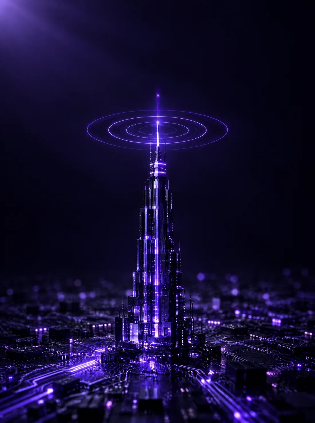 A broadcast tower of circuitry sending rings of violet light across a dark circuit board