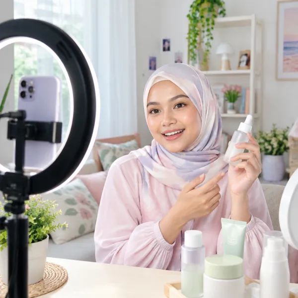 AI-generated mock-up of a lifestyle creator filming a skincare review